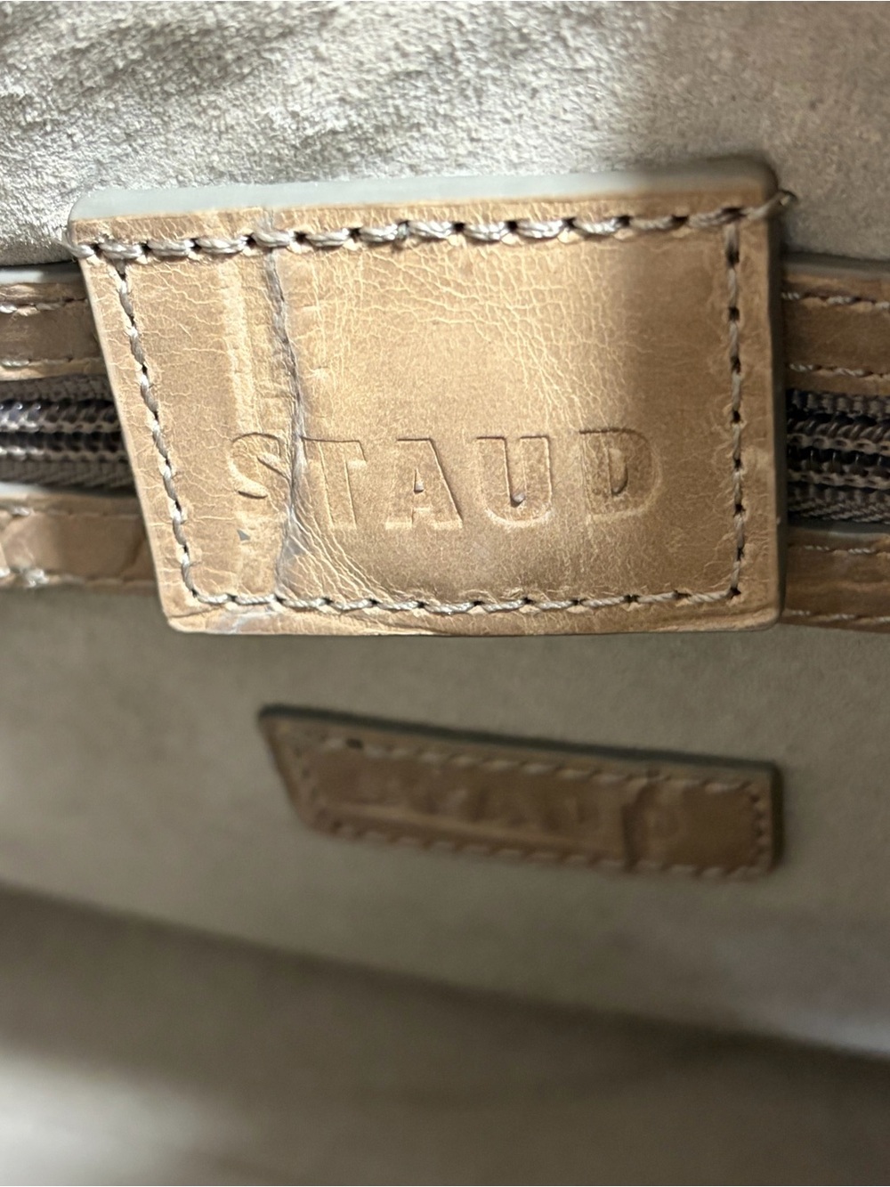 STAUD Mini Rey Taupe Croc-Embossed Top-Handle Bag - Picture 10 of 12